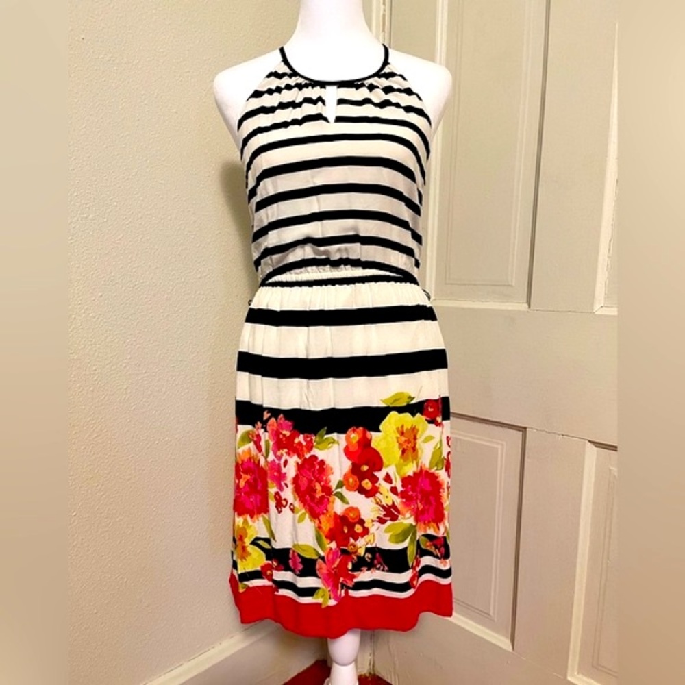 Elle Women’s Dress in White & Black Stripes & floral bottom